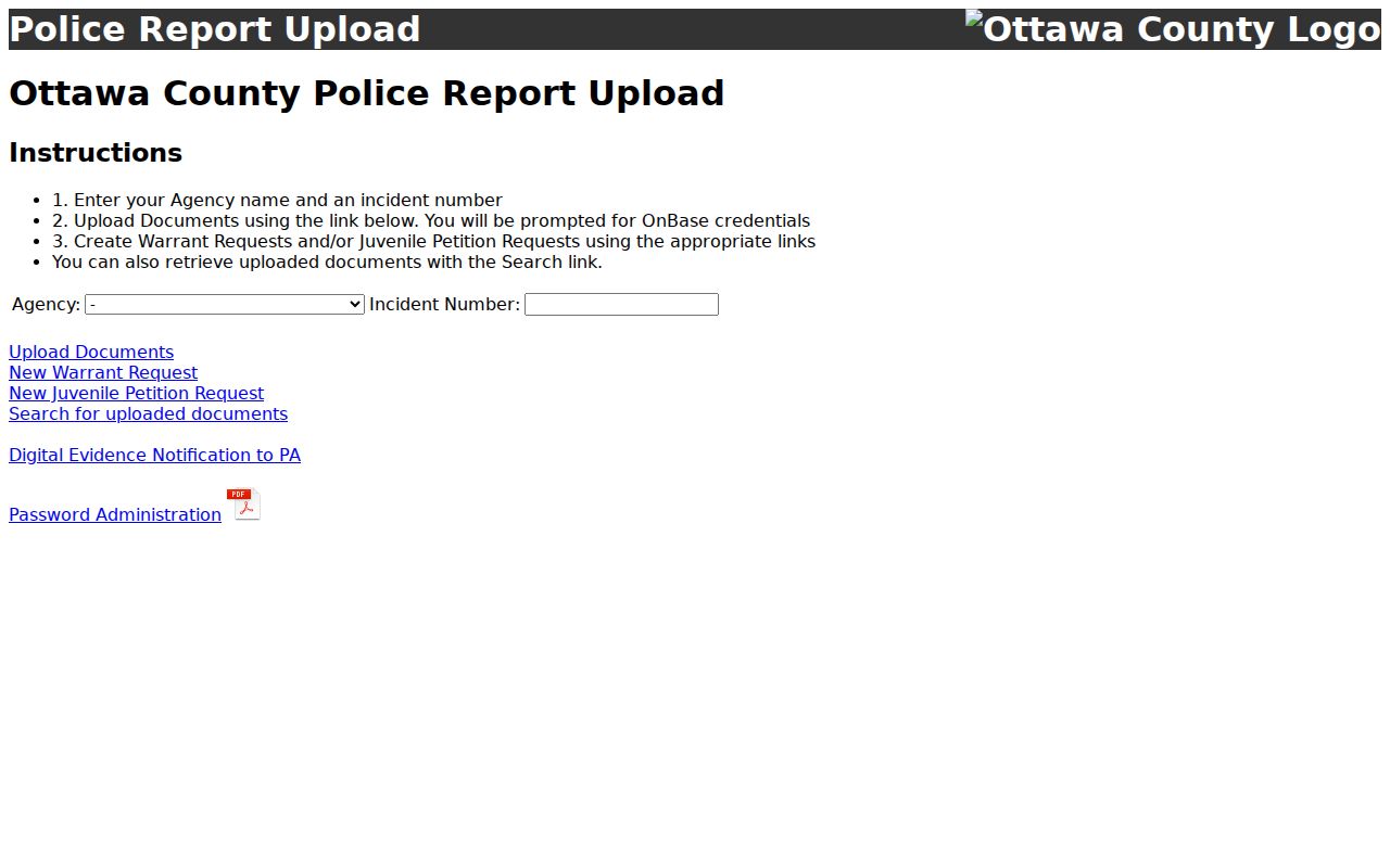 Ottawa County warrant records: agency-facing police report and warrant request upload interface