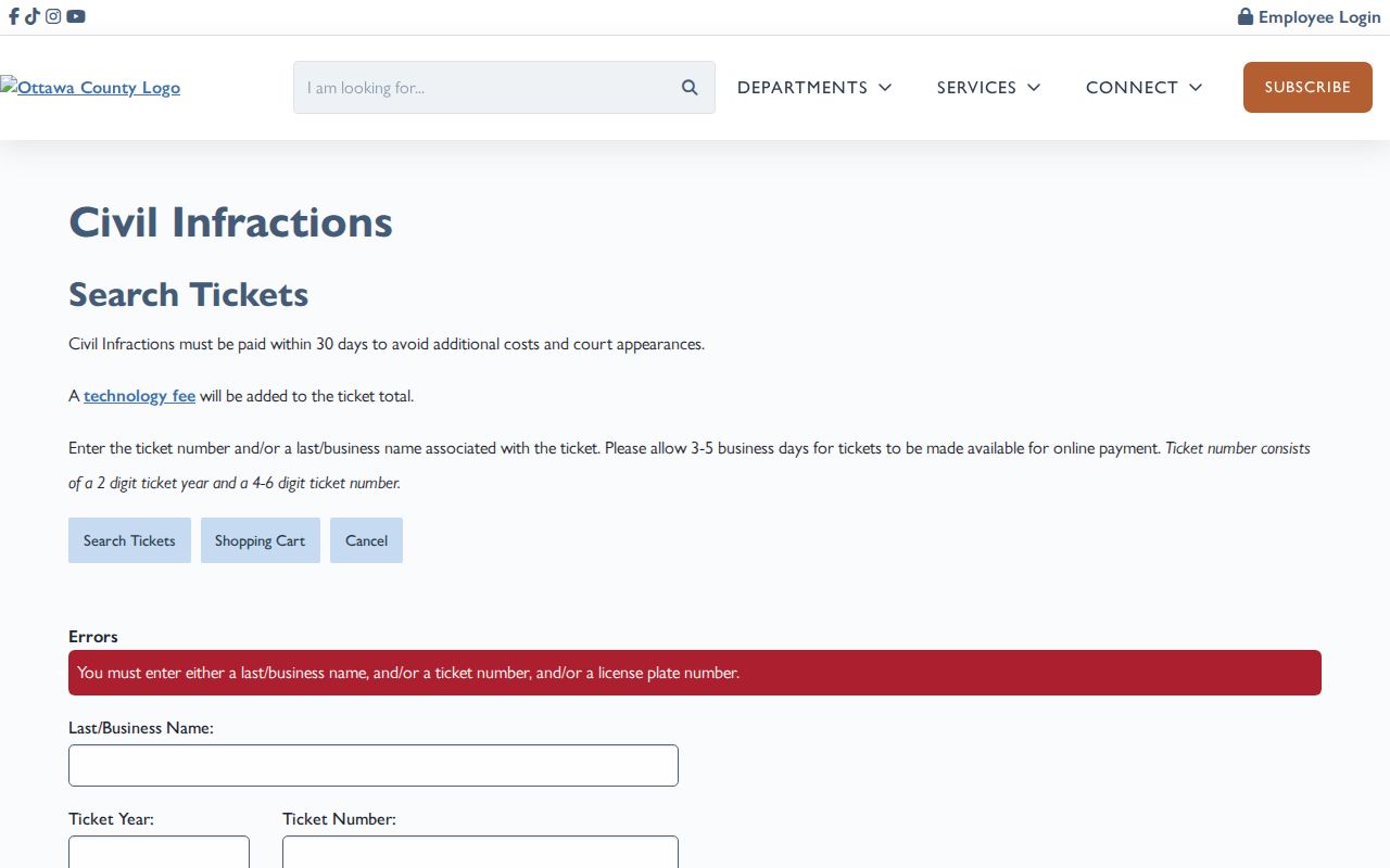 Ottawa County warrant records: civil-infraction lookup search fields and 30-day notice