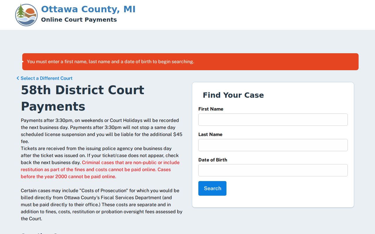 Ottawa County traffic warrant records: District Court payment search fields and posting-time notice