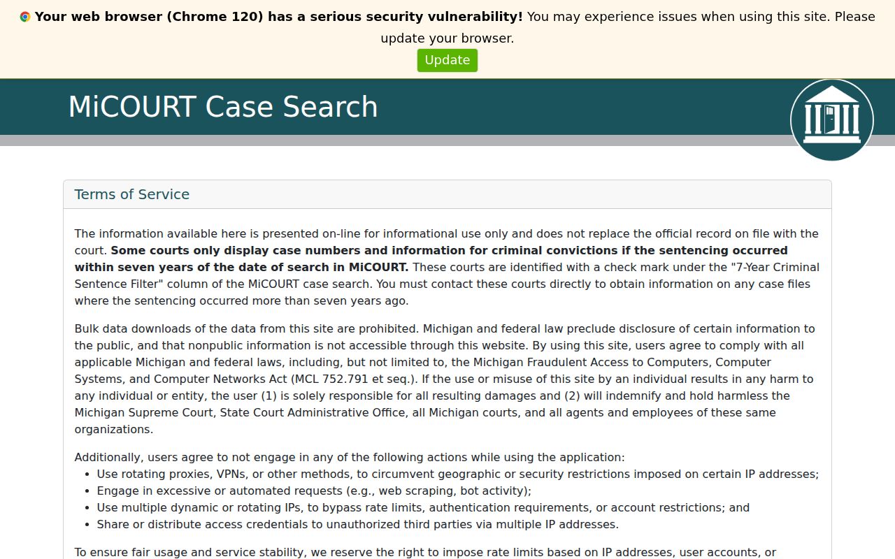 Ottawa County warrant records: statewide MiCOURT case search landing page and its public access notice