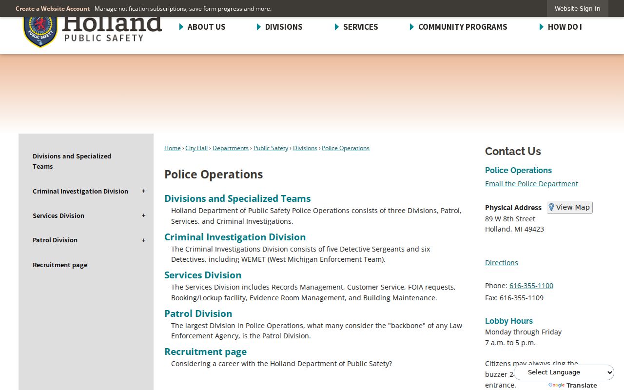 Holland warrant records: Holland Department of Public Safety police divisions and Records Management