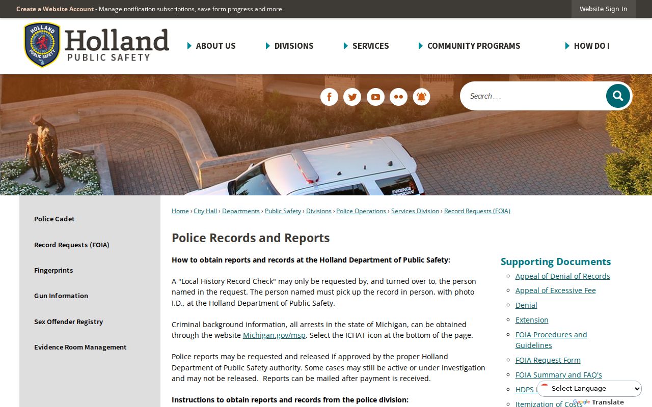 Holland warrant records: Holland public-record request channels and FOIA instructions