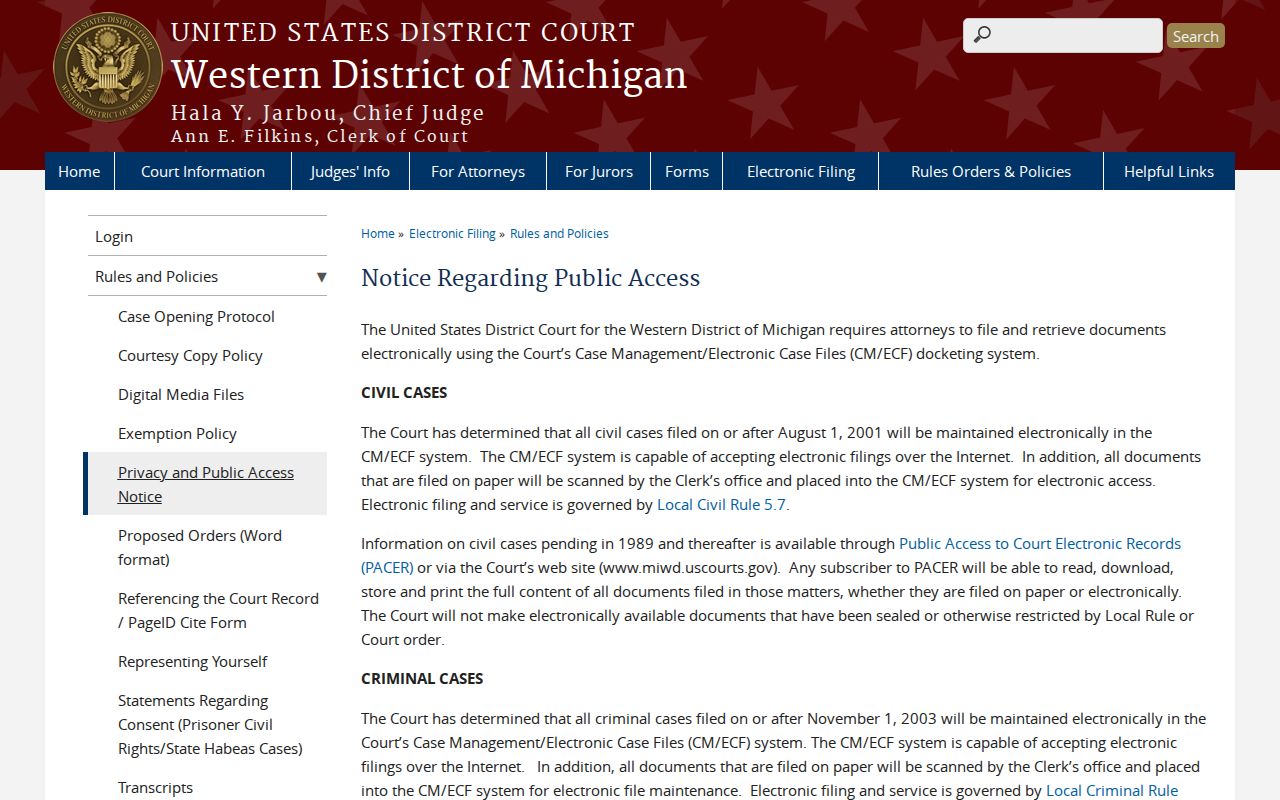 Ottawa County warrant records: Western District of Michigan federal public access notice and PACER route