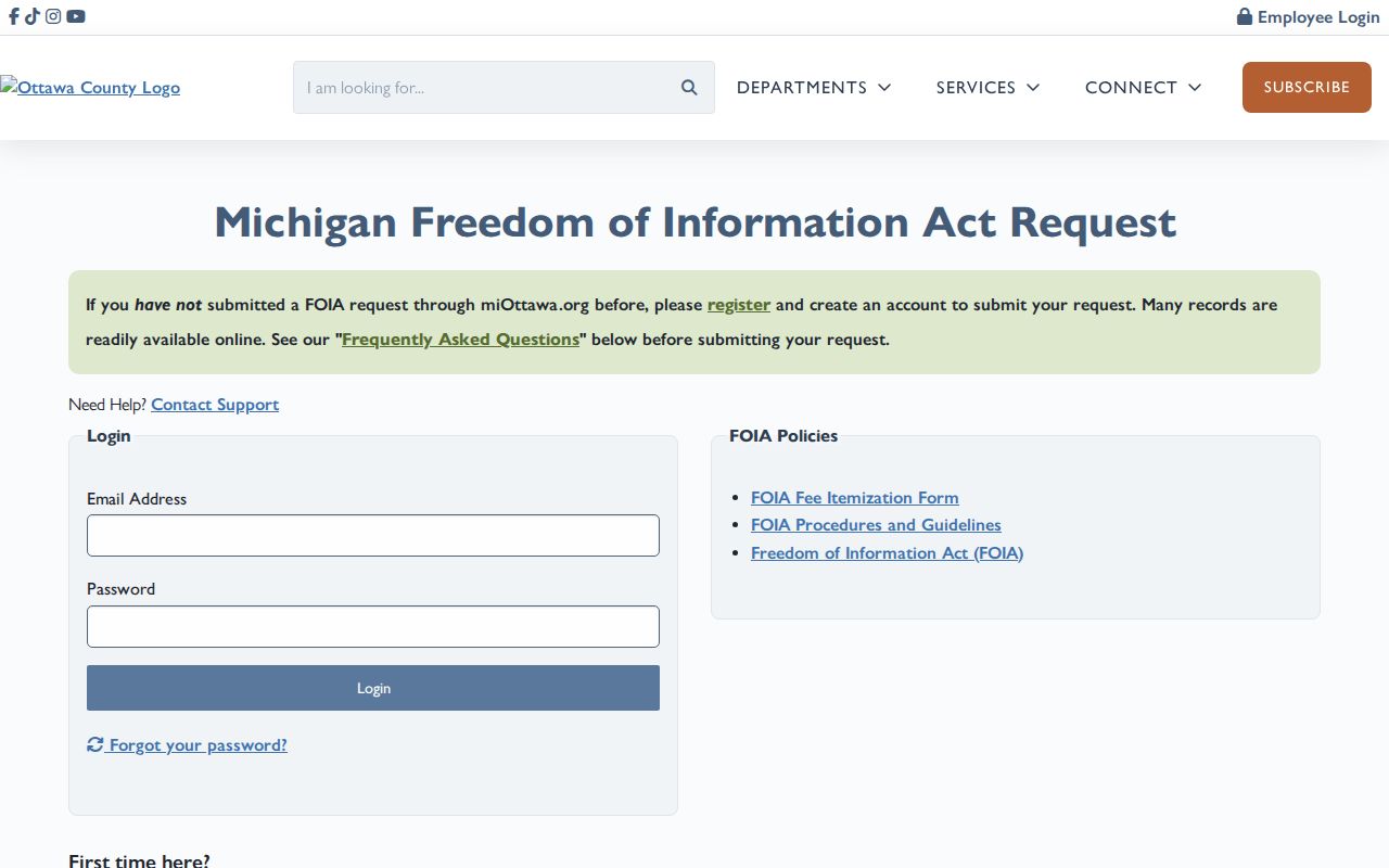 Ottawa County warrant records: county FOIA portal login and account registration screen