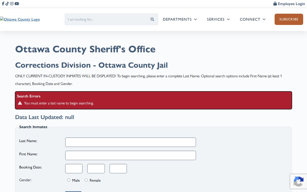 Ottawa County warrant records: current-custody inmate lookup search fields and disclaimer